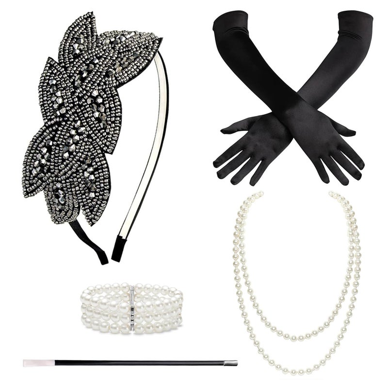 BABEYOND 1920s Flapper Accessories Gatsby Costume Accessories Set 20s Flapper Headband Pearl Necklace Gloves Plastic Holder - Image 1
